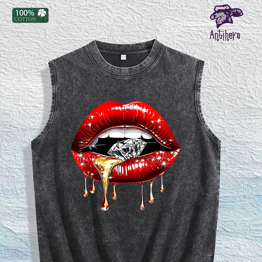 Glam Lips & Diamond Graphic Washed Vest US Warehouse 3 Colors Cotton Tank