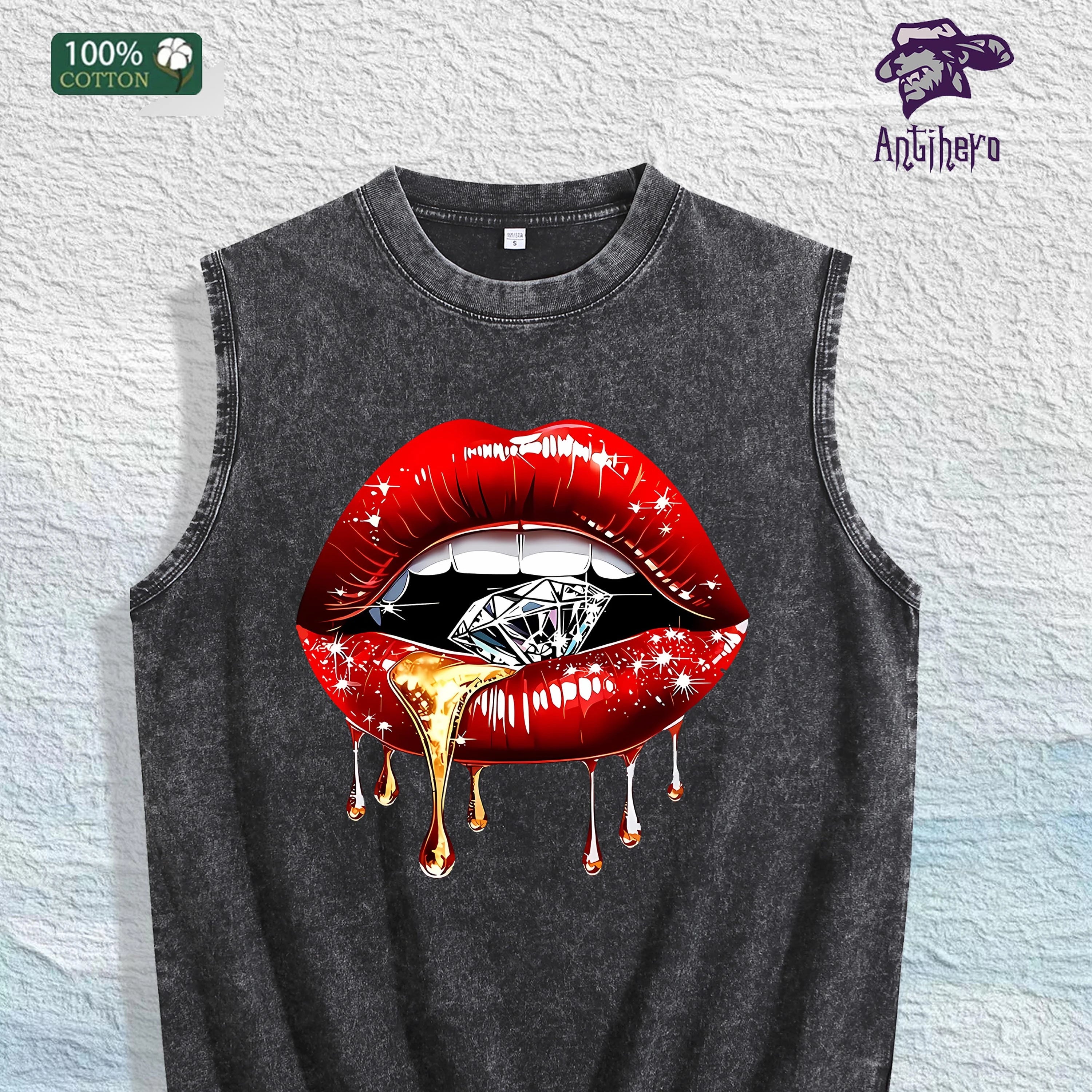 Glam Lips & Diamond Graphic Washed Vest US Warehouse 3 Colors Cotton Tank