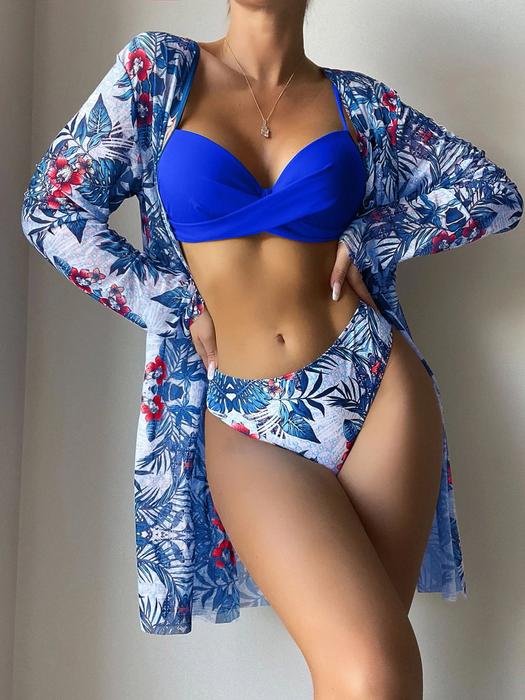 Women Bikini Summer Long Cardigan Bra Briefs 3 Piece Set Sexy Bikini Beach Swimming Suit Printed Swimwear Bikini