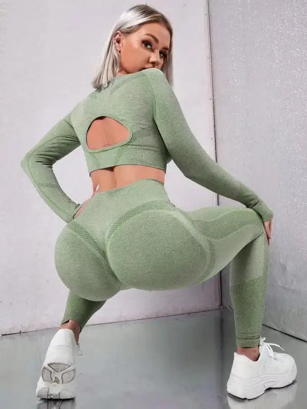 Women Seamless Activewear Set Top High Waist Compression Tights Yoga Pants Leggings Fitness Gym Set Open Back Hollow Long Sleeve