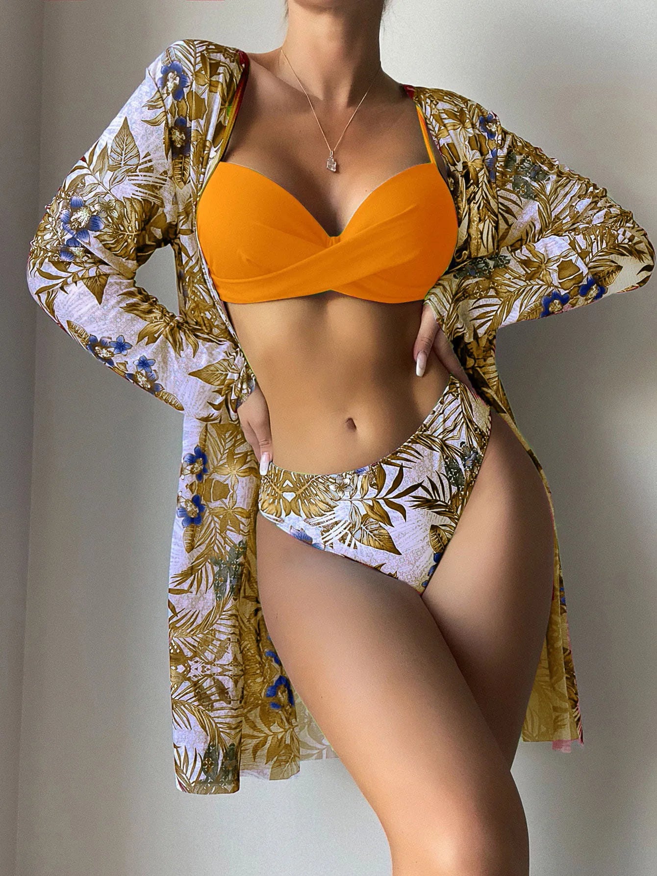 Women Bikini Summer Long Cardigan Bra Briefs 3 Piece Set Sexy Bikini Beach Swimming Suit Printed Swimwear Bikini