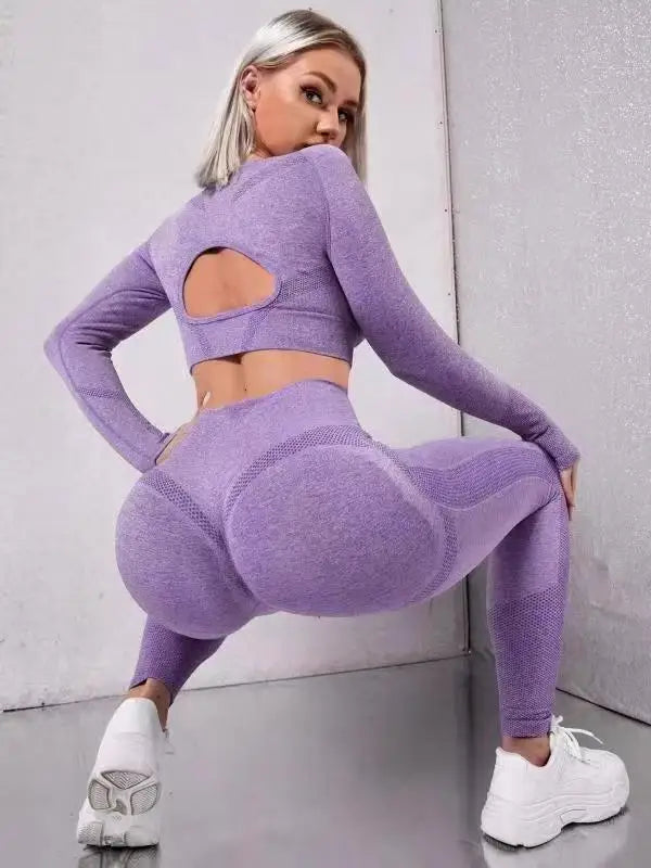 Women Seamless Activewear Set Top High Waist Compression Tights Yoga Pants Leggings Fitness Gym Set Open Back Hollow Long Sleeve