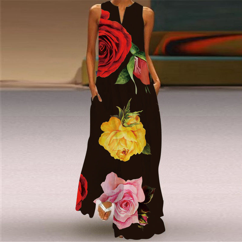 New European and American Spring and Summer Fashion Printed Sexy Pocketed Long Dress