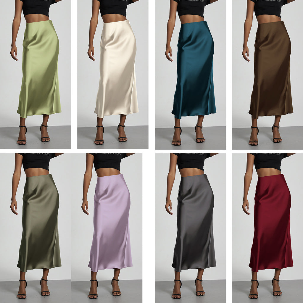 American Style Elegant Satin Midi Skirt Slimming and Flowy