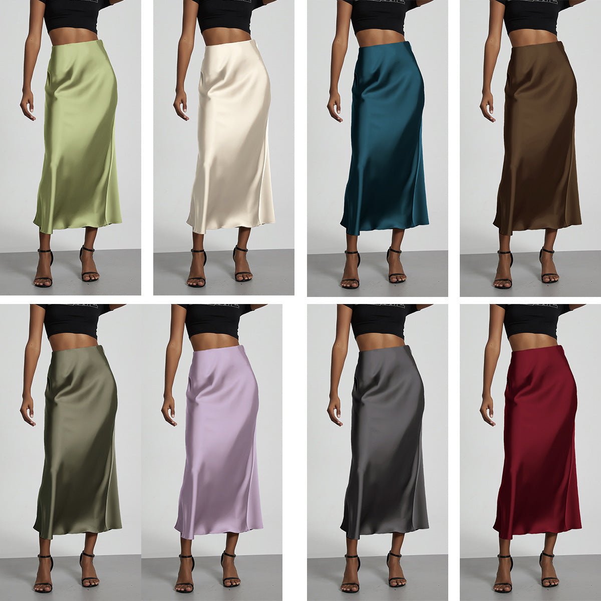 American Style Elegant Satin Midi Skirt Slimming and Flowy