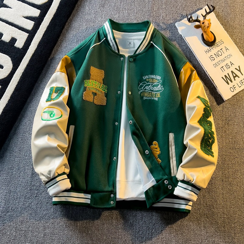American Embroidered Leather Sleeve Jacket Men's Korean Style Trendyy Baseball Uniform Autum Casual Student Jacket