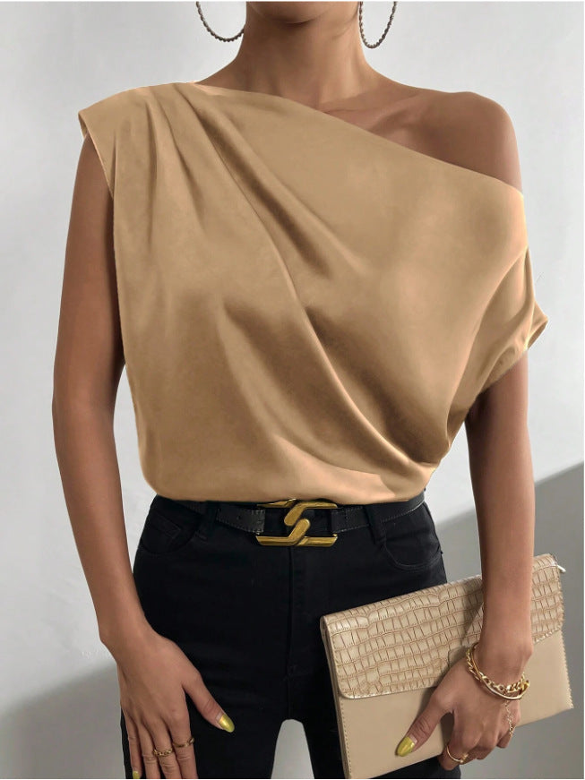 Spring Solid Color Satin Imitation Silk Irregular Off-Shoulder One-Neck Pullover Sleeveless Shirt