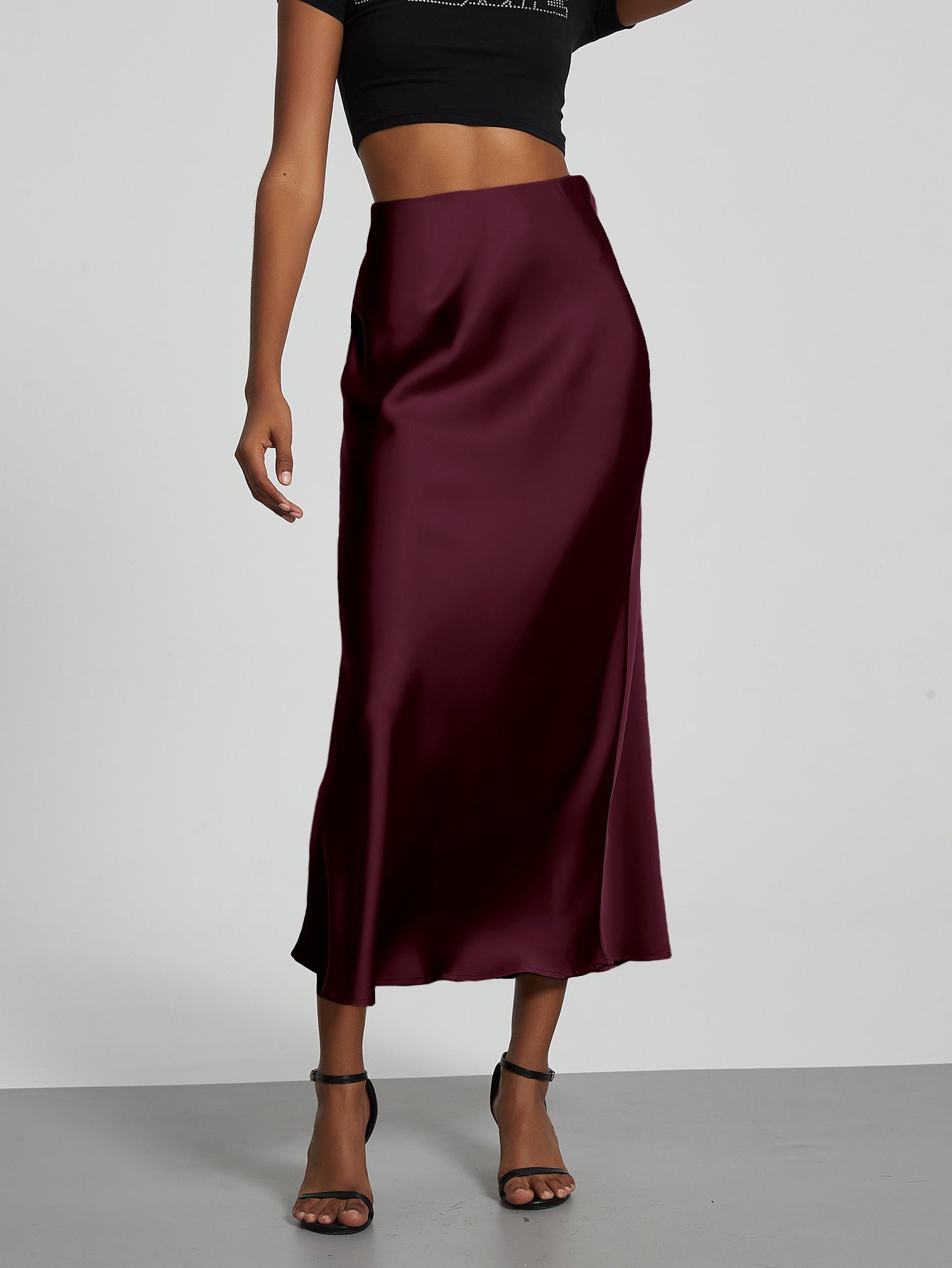 American Style Elegant Satin Midi Skirt Slimming and Flowy