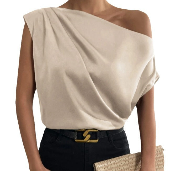 Spring Solid Color Satin Imitation Silk Irregular Off-Shoulder One-Neck Pullover Sleeveless Shirt