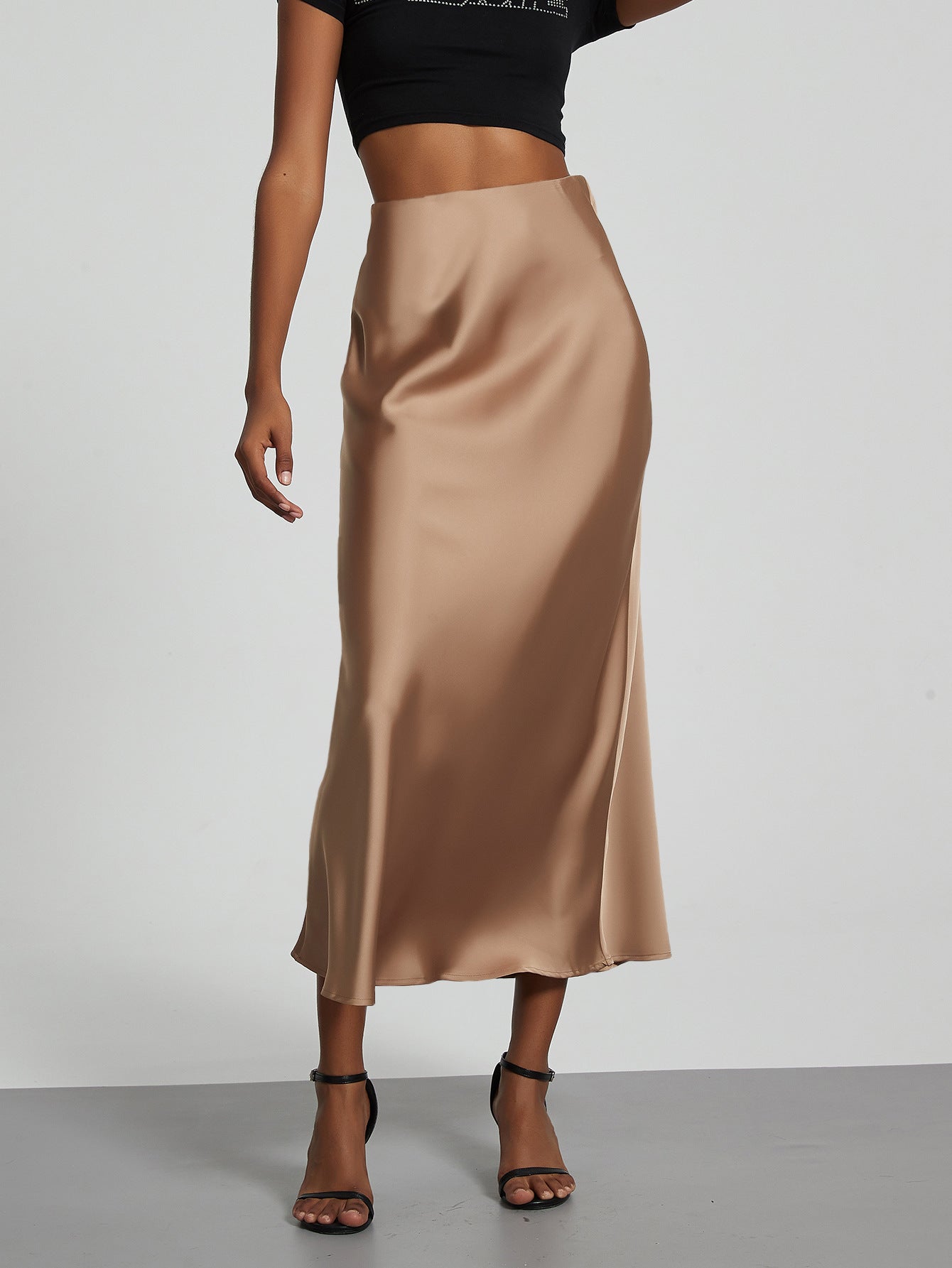 American Style Elegant Satin Midi Skirt Slimming and Flowy