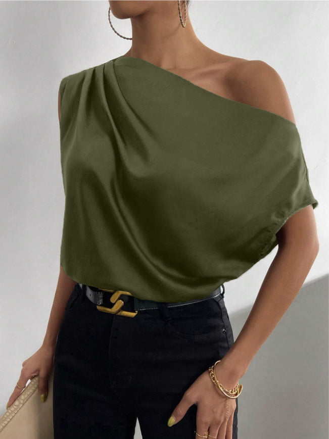 Spring Solid Color Satin Imitation Silk Irregular Off-Shoulder One-Neck Pullover Sleeveless Shirt