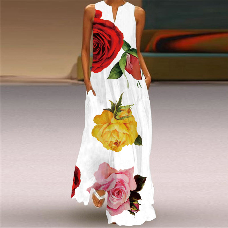 New European and American Spring and Summer Fashion Printed Sexy Pocketed Long Dress