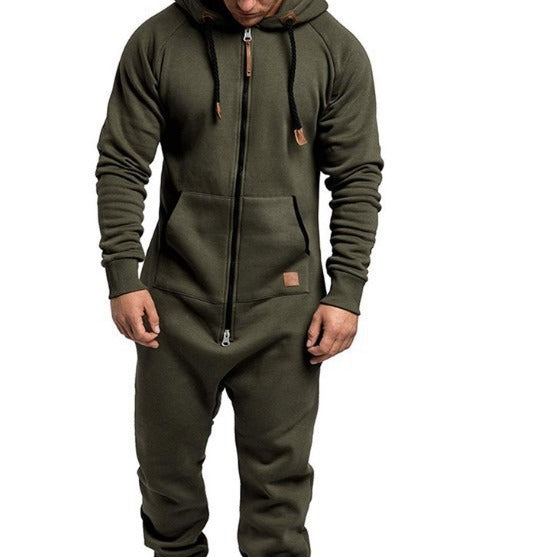 New Foreign Trade Men's Hooded Fleece Jumpsuit Solid Color Casual Men's Suit Jumpsuit