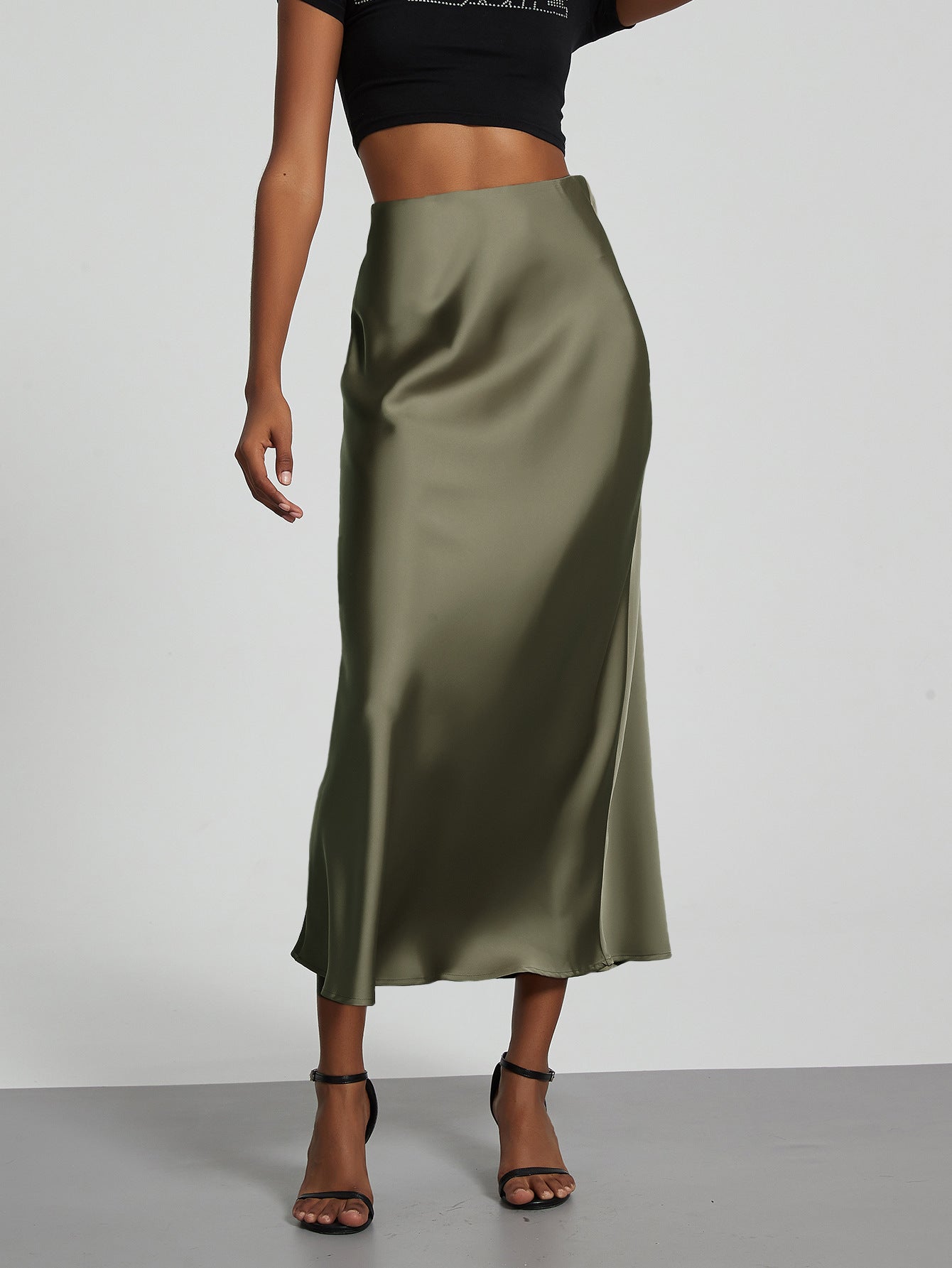 American Style Elegant Satin Midi Skirt Slimming and Flowy