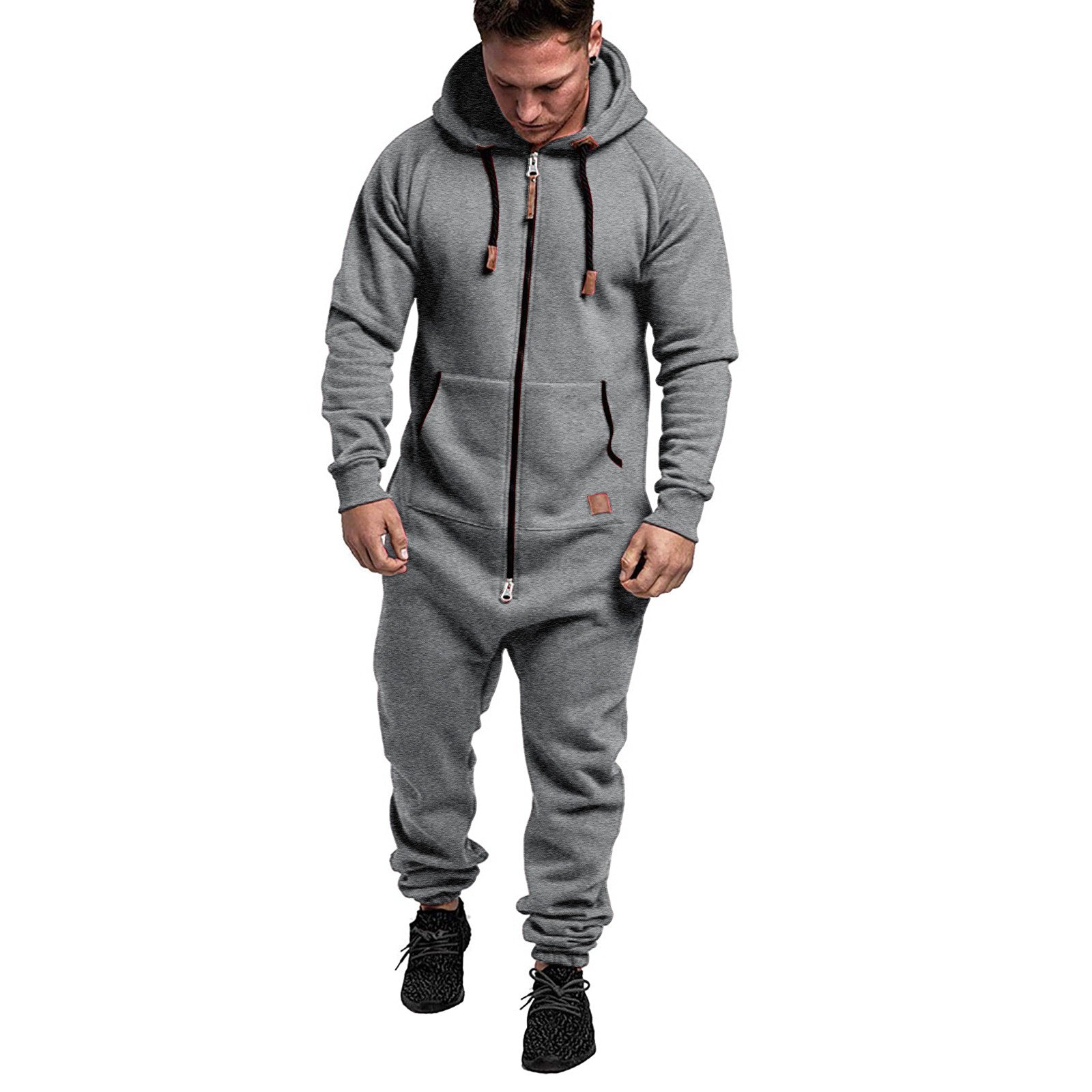 New Foreign Trade Men's Hooded Fleece Jumpsuit Solid Color Casual Men's Suit Jumpsuit