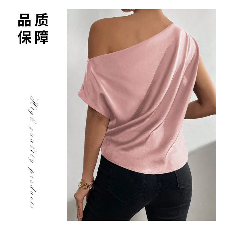 Spring Solid Color Satin Imitation Silk Irregular Off-Shoulder One-Neck Pullover Sleeveless Shirt