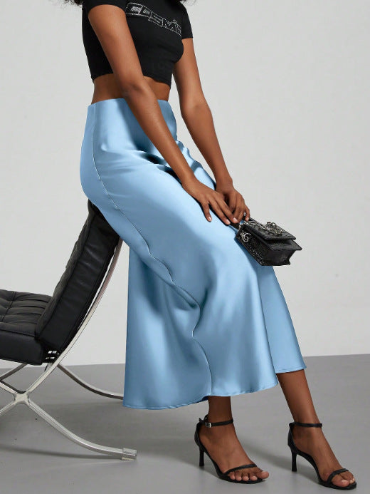 American Style Elegant Satin Midi Skirt Slimming and Flowy