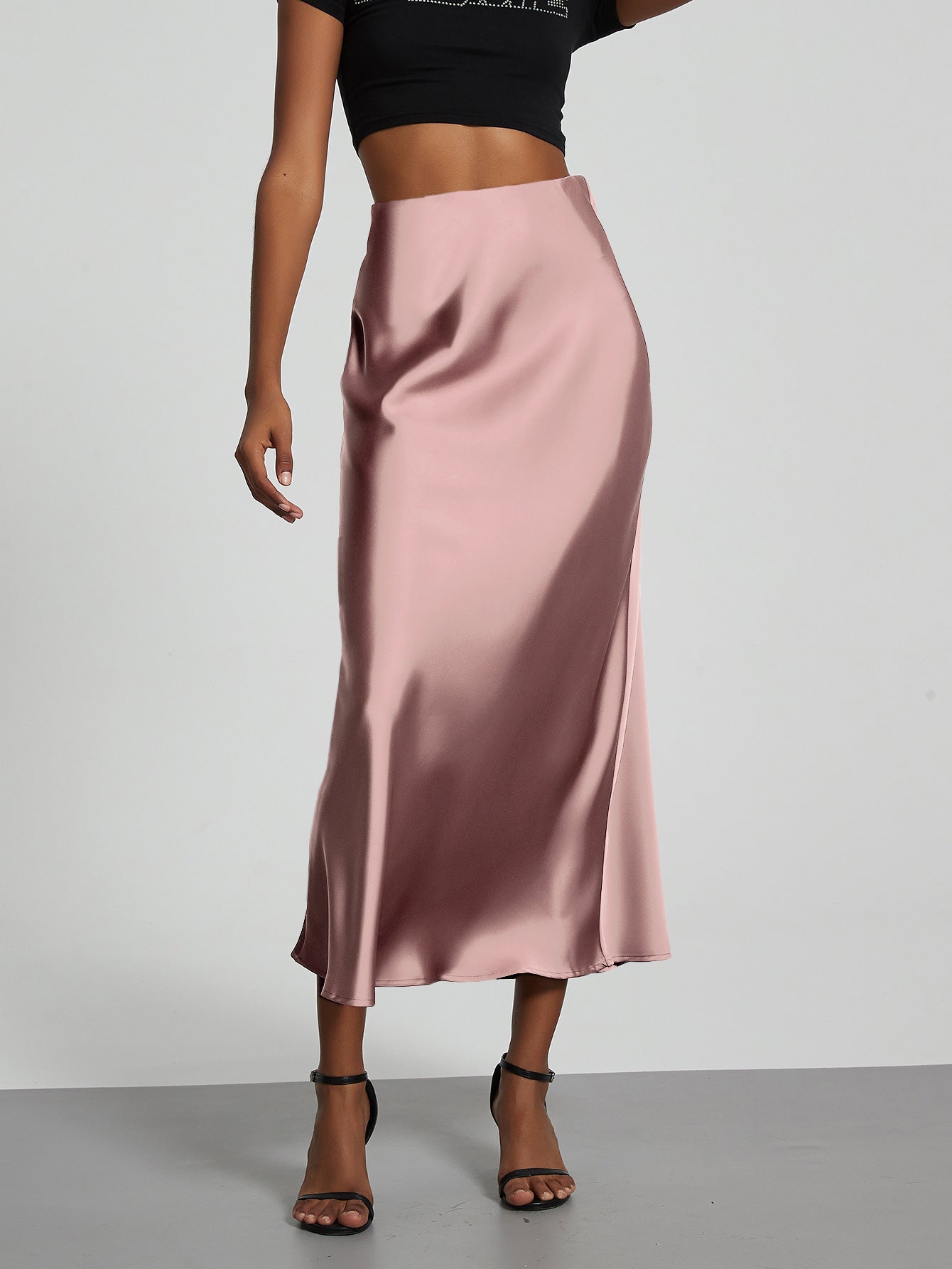 American Style Elegant Satin Midi Skirt Slimming and Flowy