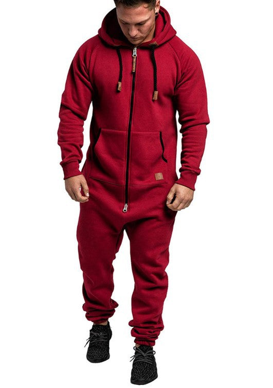 New Foreign Trade Men's Hooded Fleece Jumpsuit Solid Color Casual Men's Suit Jumpsuit