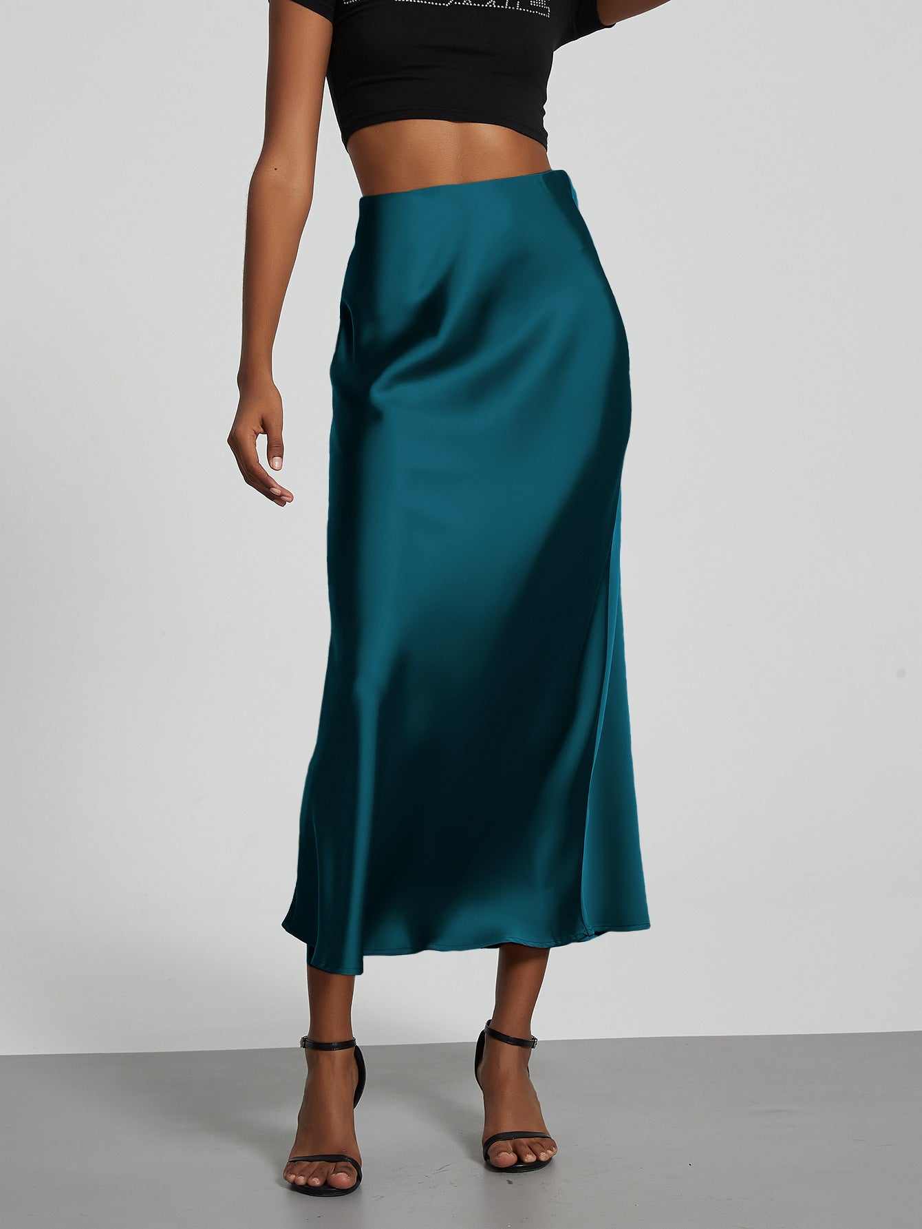 American Style Elegant Satin Midi Skirt Slimming and Flowy