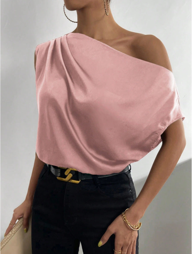 Spring Solid Color Satin Imitation Silk Irregular Off-Shoulder One-Neck Pullover Sleeveless Shirt