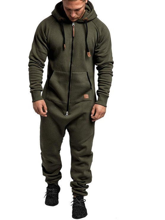 New Foreign Trade Men's Hooded Fleece Jumpsuit Solid Color Casual Men's Suit Jumpsuit
