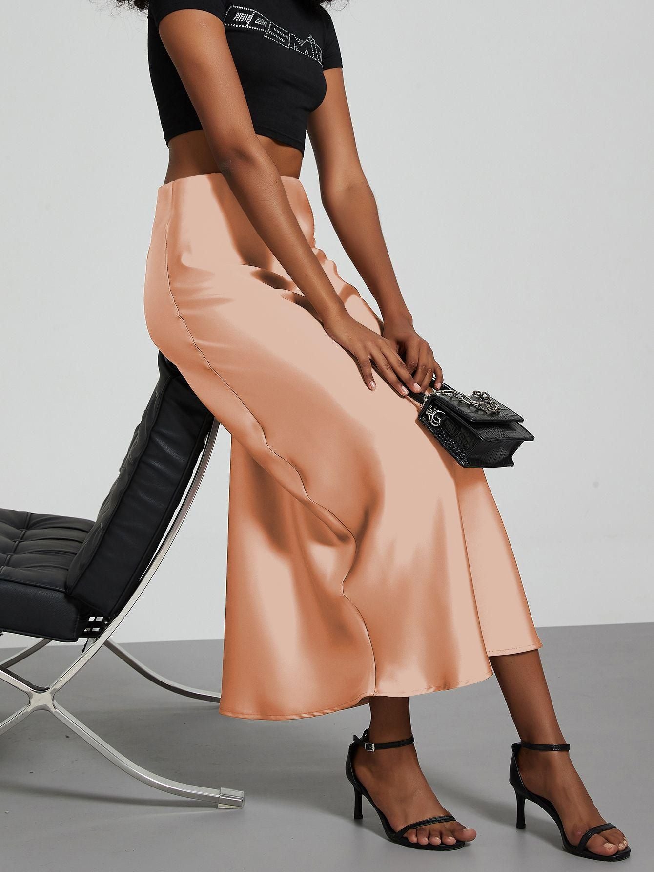 American Style Elegant Satin Midi Skirt Slimming and Flowy