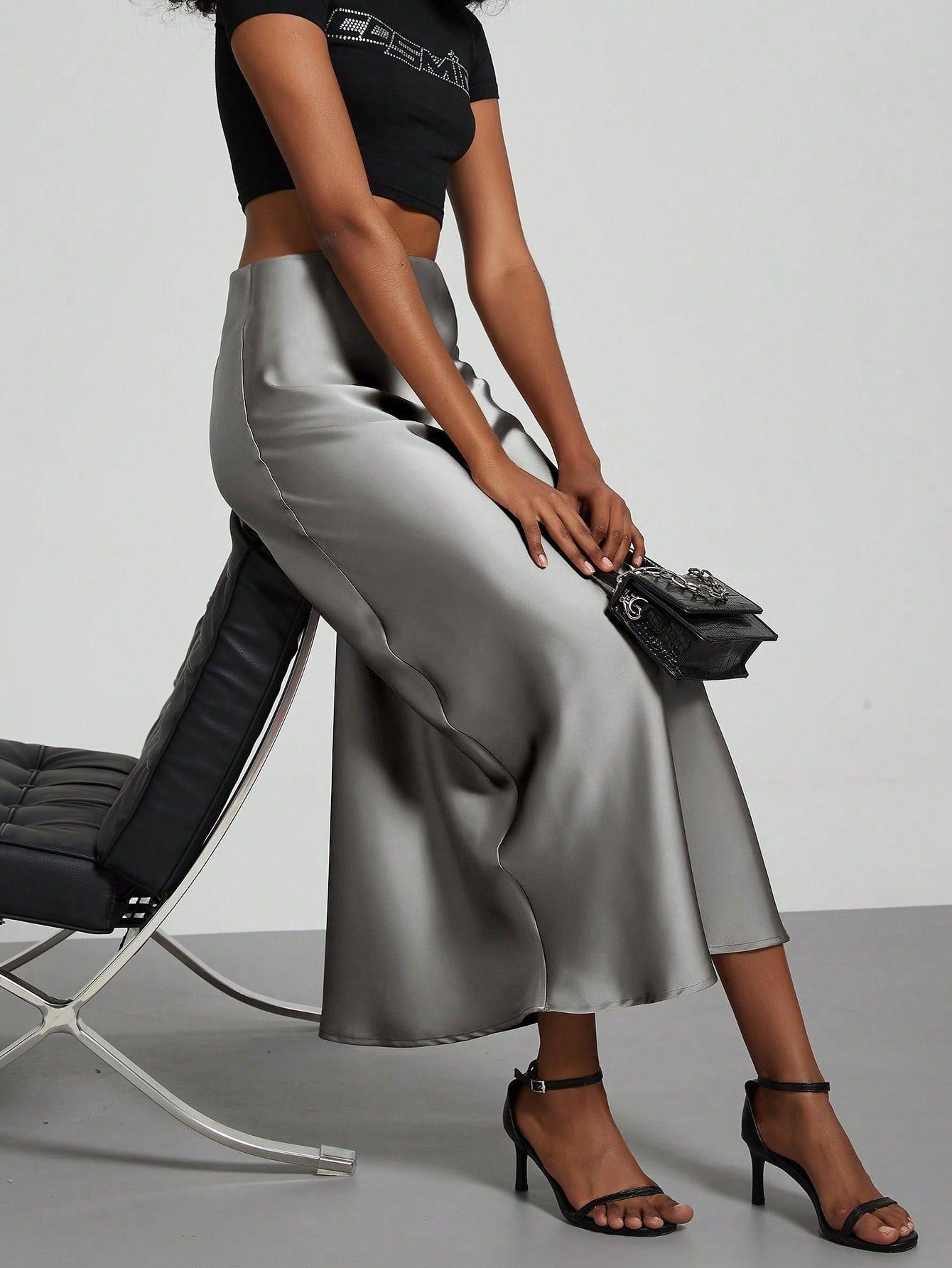 American Style Elegant Satin Midi Skirt Slimming and Flowy
