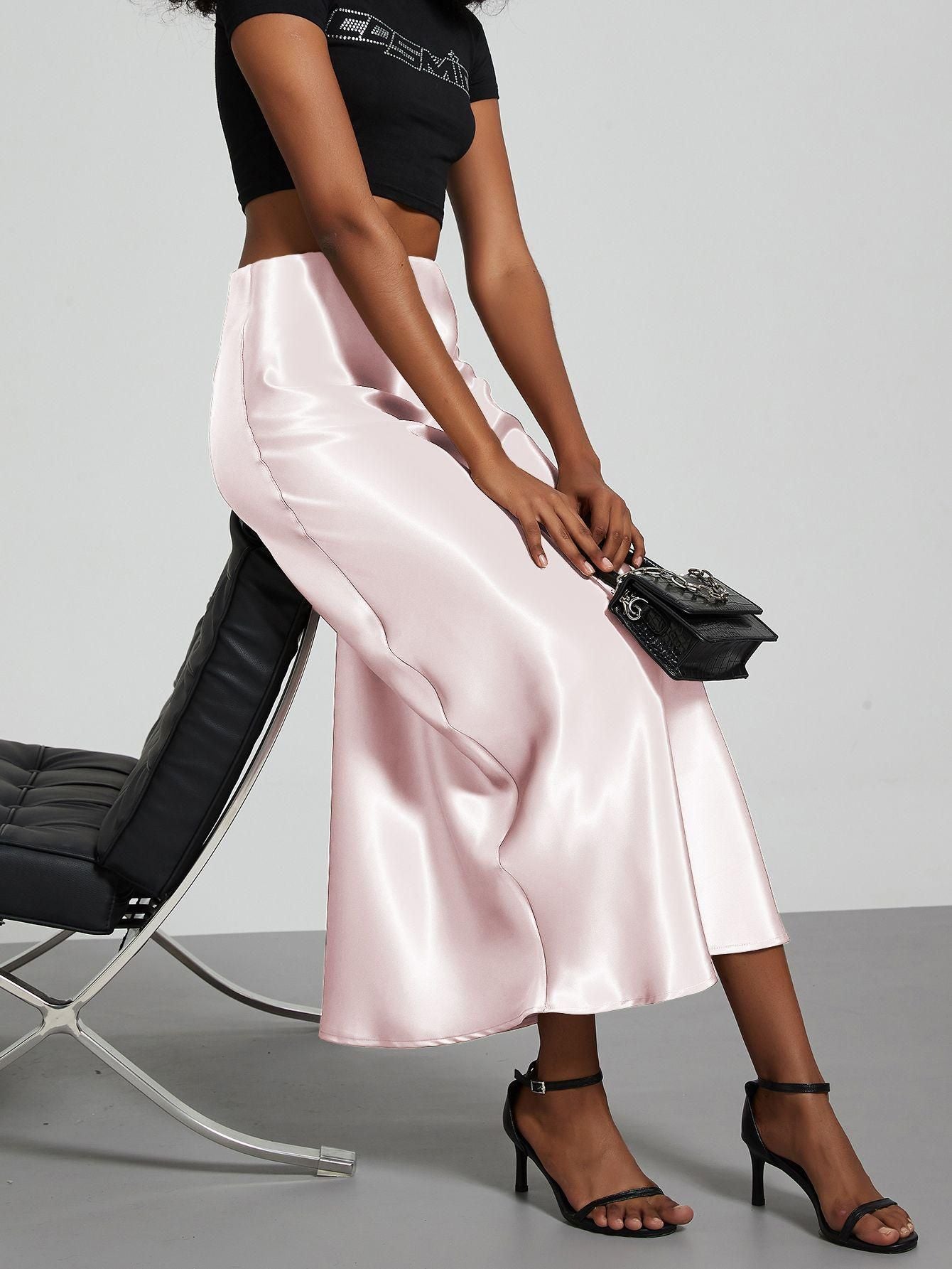 American Style Elegant Satin Midi Skirt Slimming and Flowy