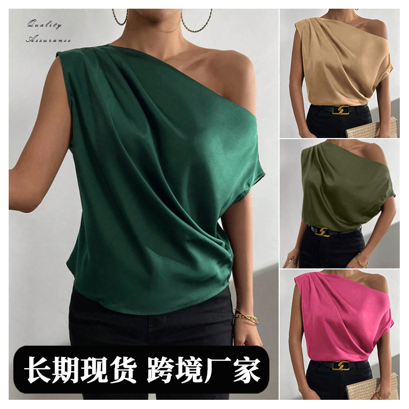 Spring Solid Color Satin Imitation Silk Irregular Off-Shoulder One-Neck Pullover Sleeveless Shirt