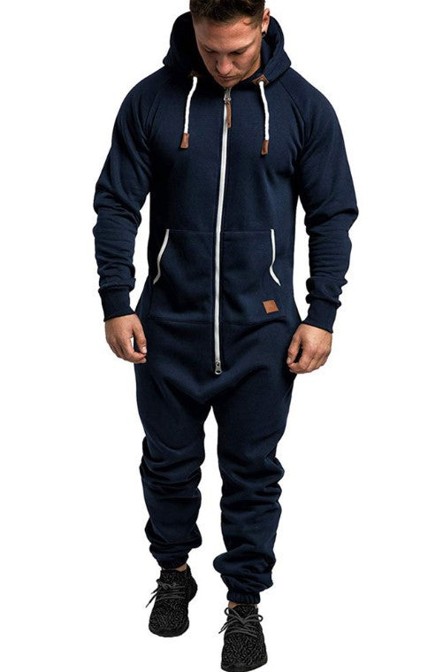 New Foreign Trade Men's Hooded Fleece Jumpsuit Solid Color Casual Men's Suit Jumpsuit