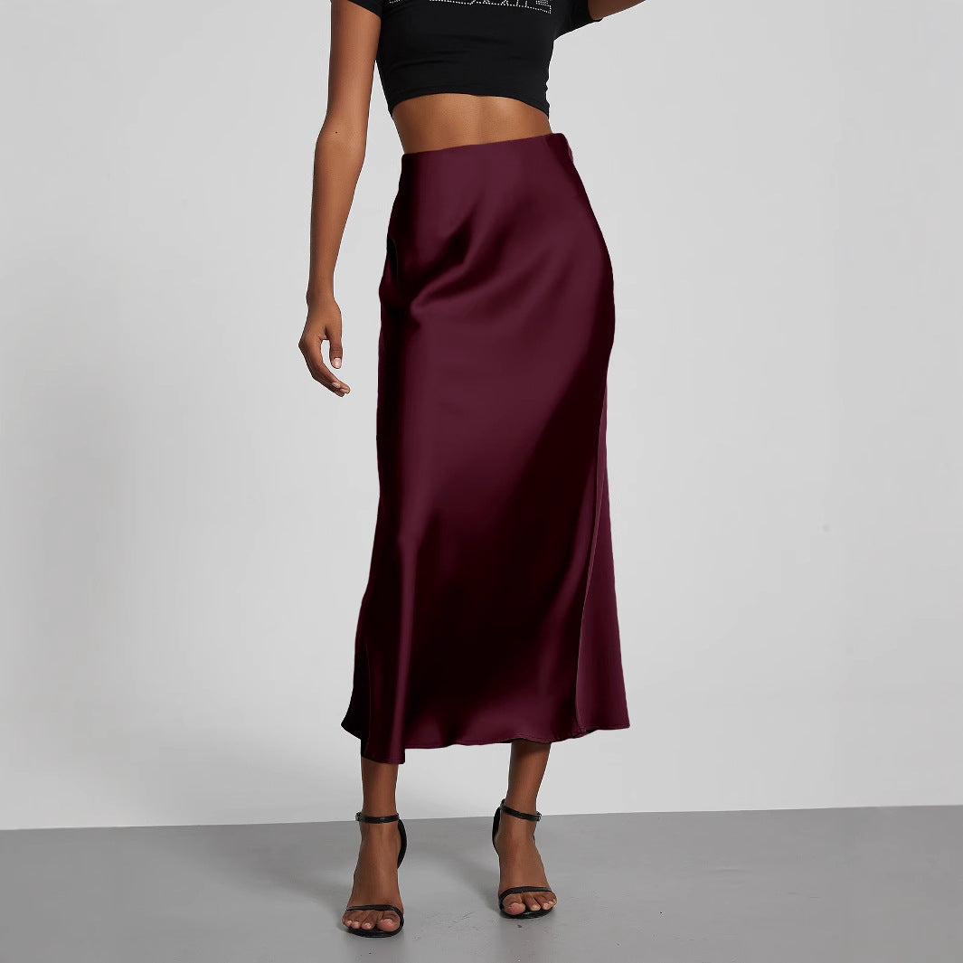 American Style Elegant Satin Midi Skirt Slimming and Flowy