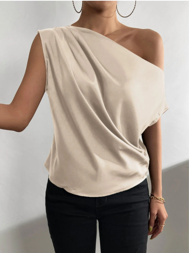 Spring Solid Color Satin Imitation Silk Irregular Off-Shoulder One-Neck Pullover Sleeveless Shirt