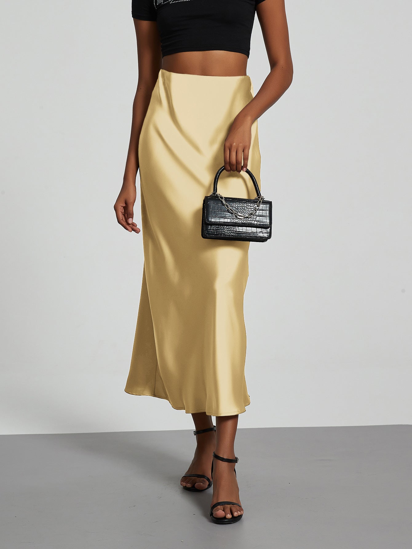 American Style Elegant Satin Midi Skirt Slimming and Flowy