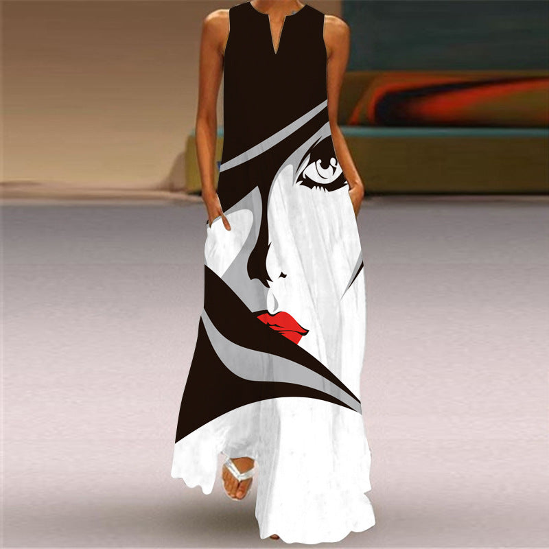 New European and American Spring and Summer Fashion Printed Sexy Pocketed Long Dress