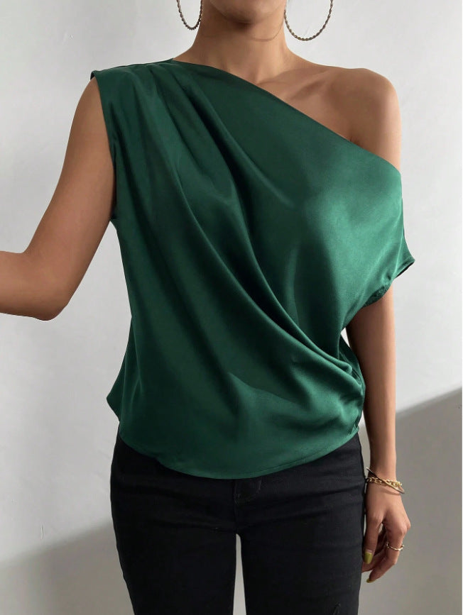 Spring Solid Color Satin Imitation Silk Irregular Off-Shoulder One-Neck Pullover Sleeveless Shirt