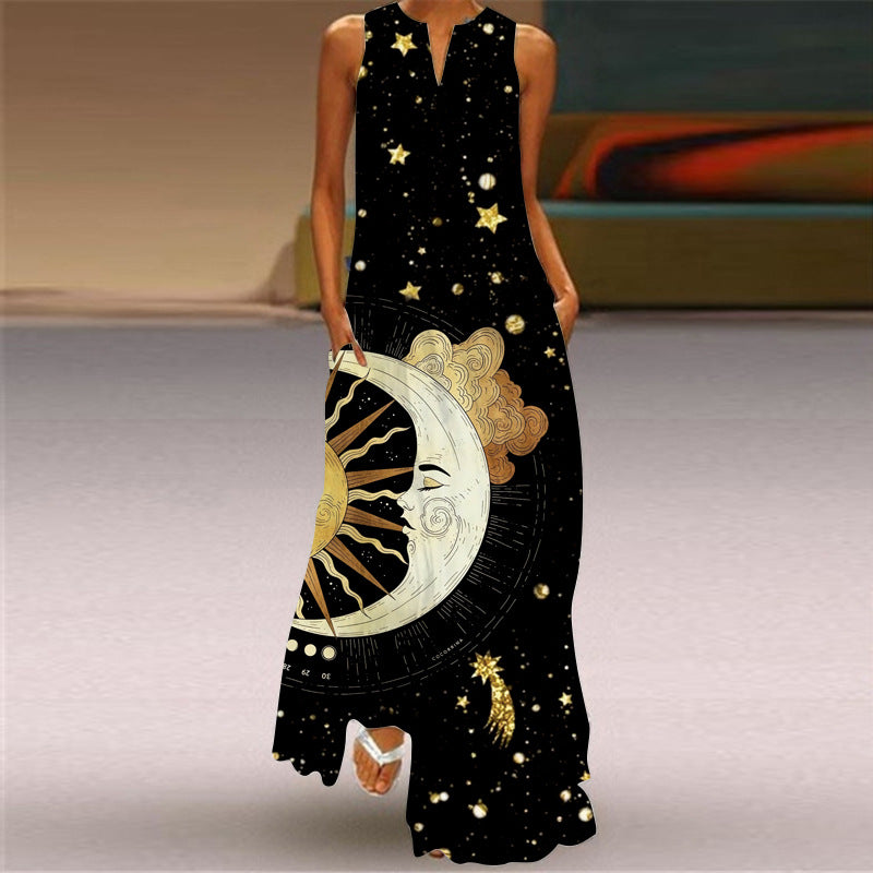 New European and American Spring and Summer Fashion Printed Sexy Pocketed Long Dress