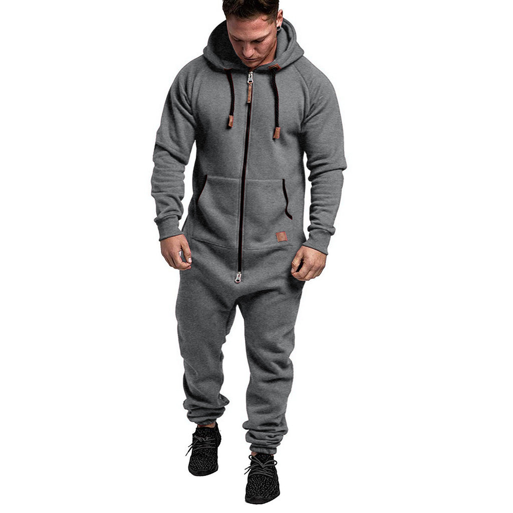 New Foreign Trade Men's Hooded Fleece Jumpsuit Solid Color Casual Men's Suit Jumpsuit
