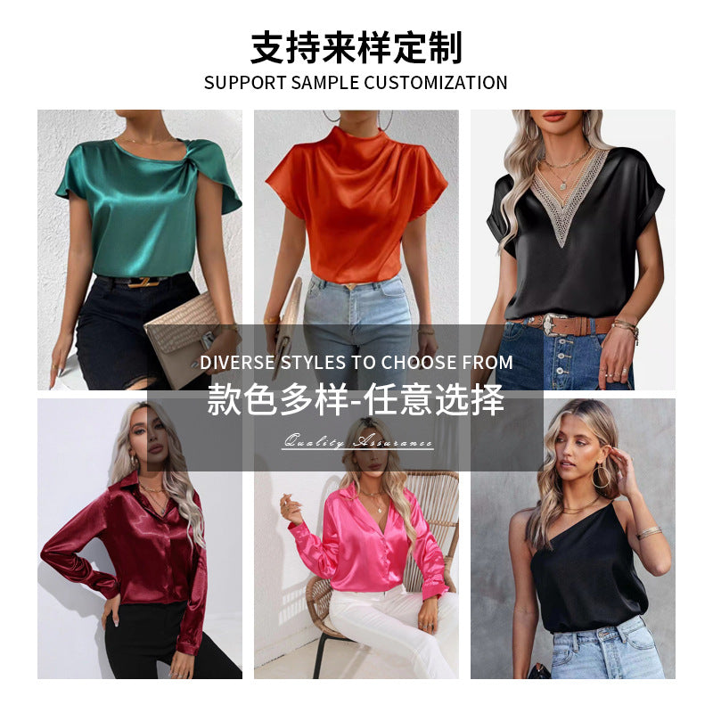 Spring Solid Color Satin Imitation Silk Irregular Off-Shoulder One-Neck Pullover Sleeveless Shirt