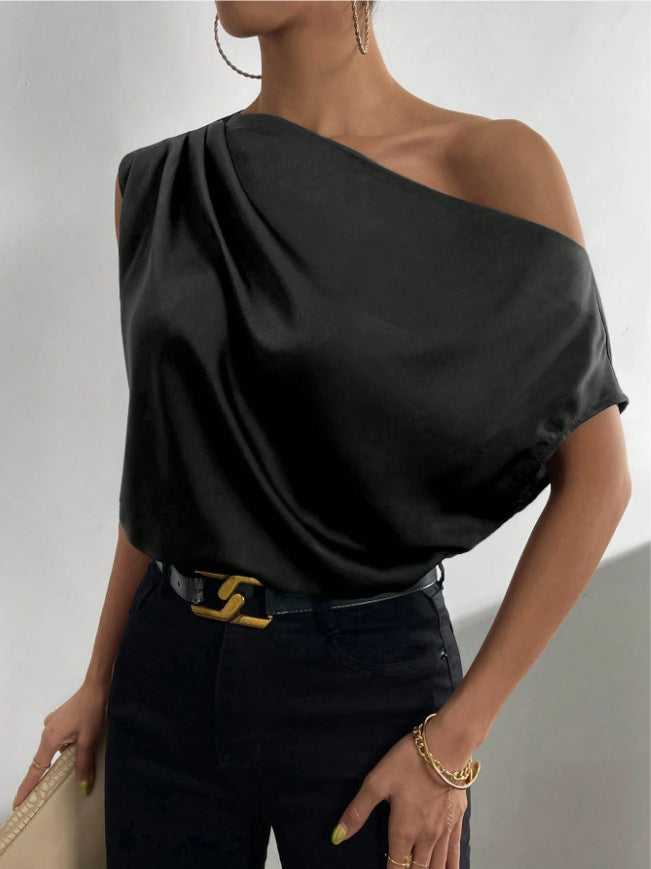 Spring Solid Color Satin Imitation Silk Irregular Off-Shoulder One-Neck Pullover Sleeveless Shirt
