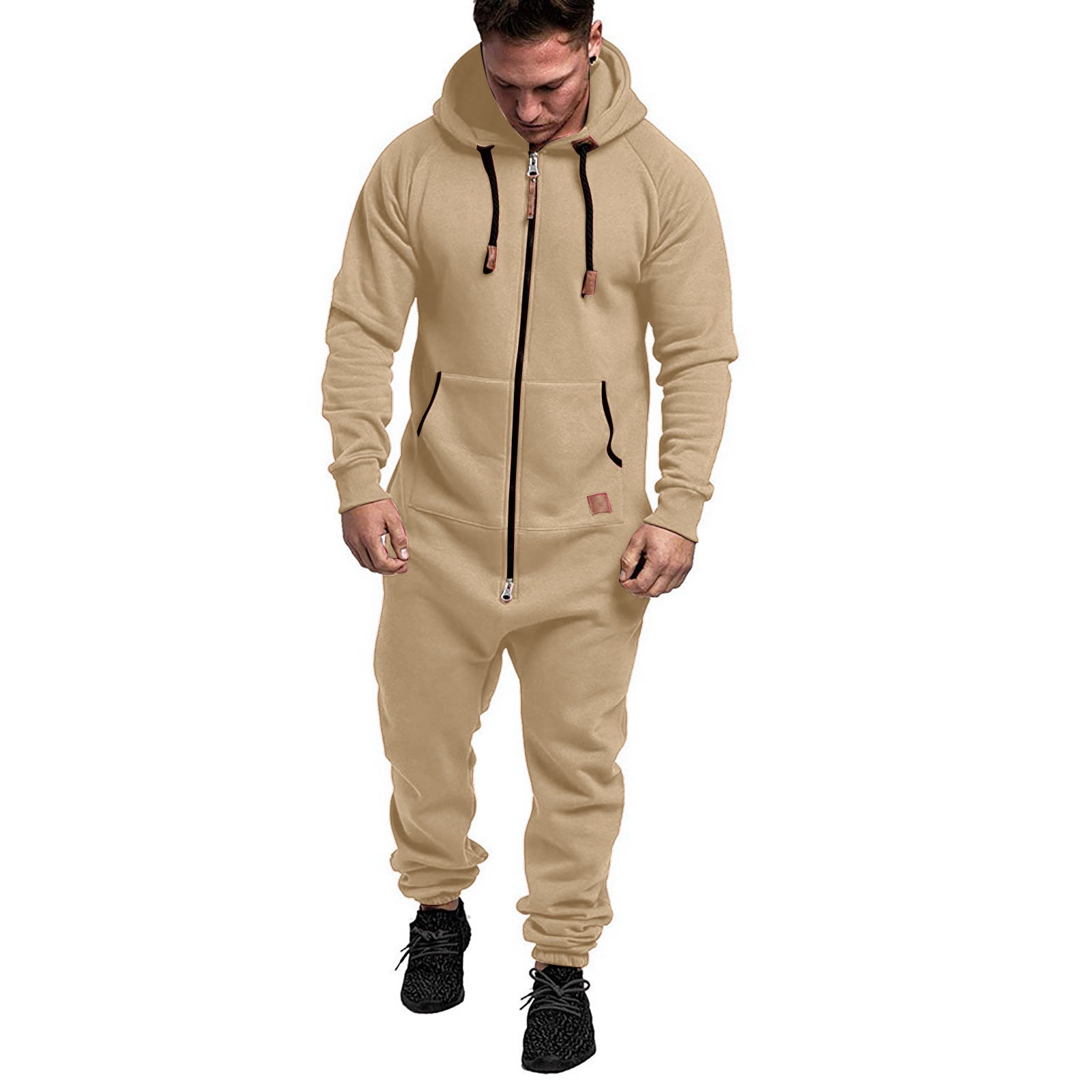 New Foreign Trade Men's Hooded Fleece Jumpsuit Solid Color Casual Men's Suit Jumpsuit