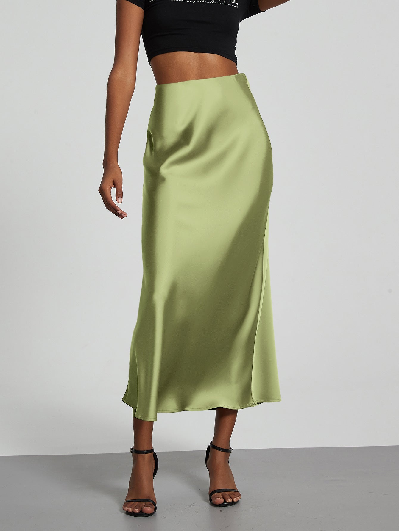 American Style Elegant Satin Midi Skirt Slimming and Flowy