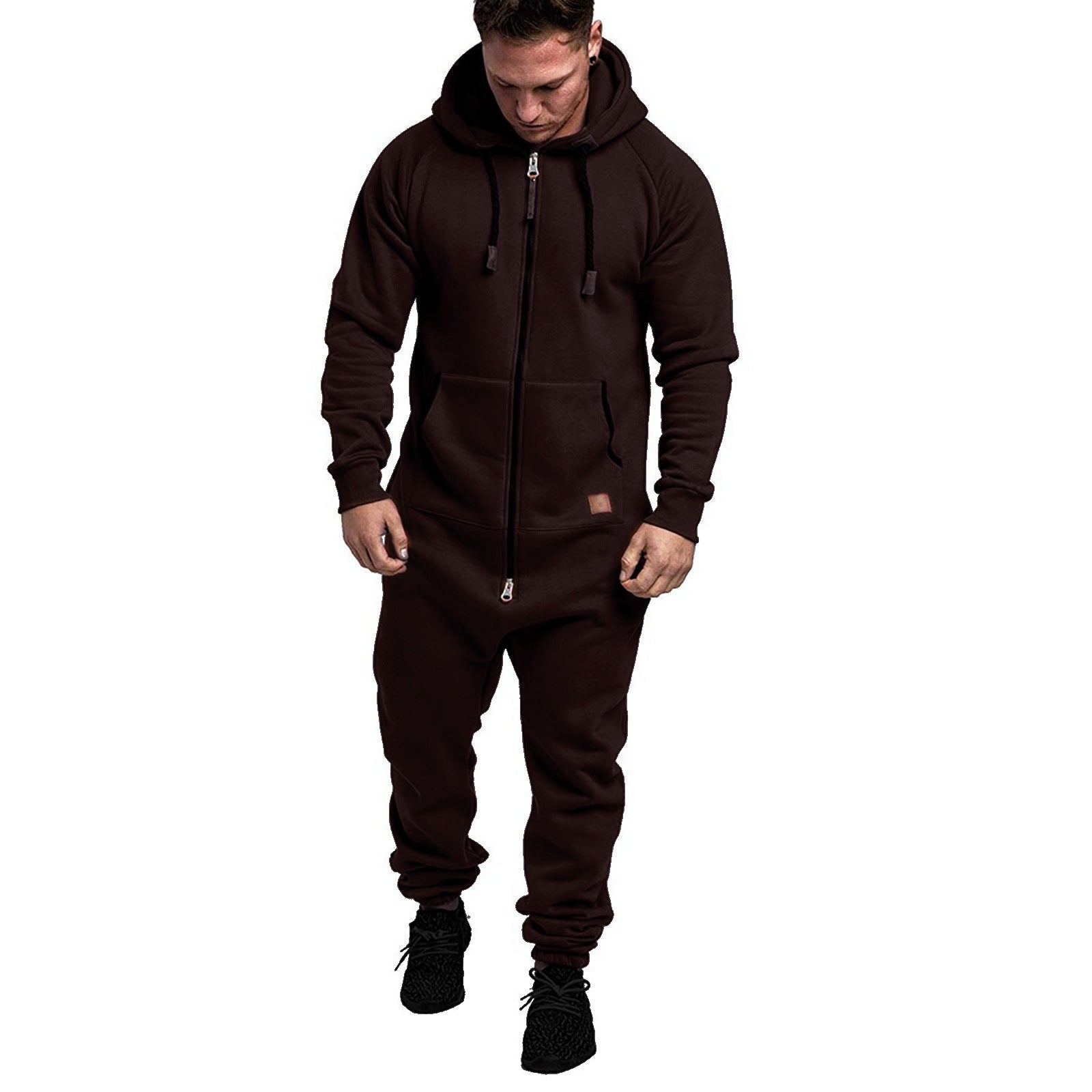 New Foreign Trade Men's Hooded Fleece Jumpsuit Solid Color Casual Men's Suit Jumpsuit