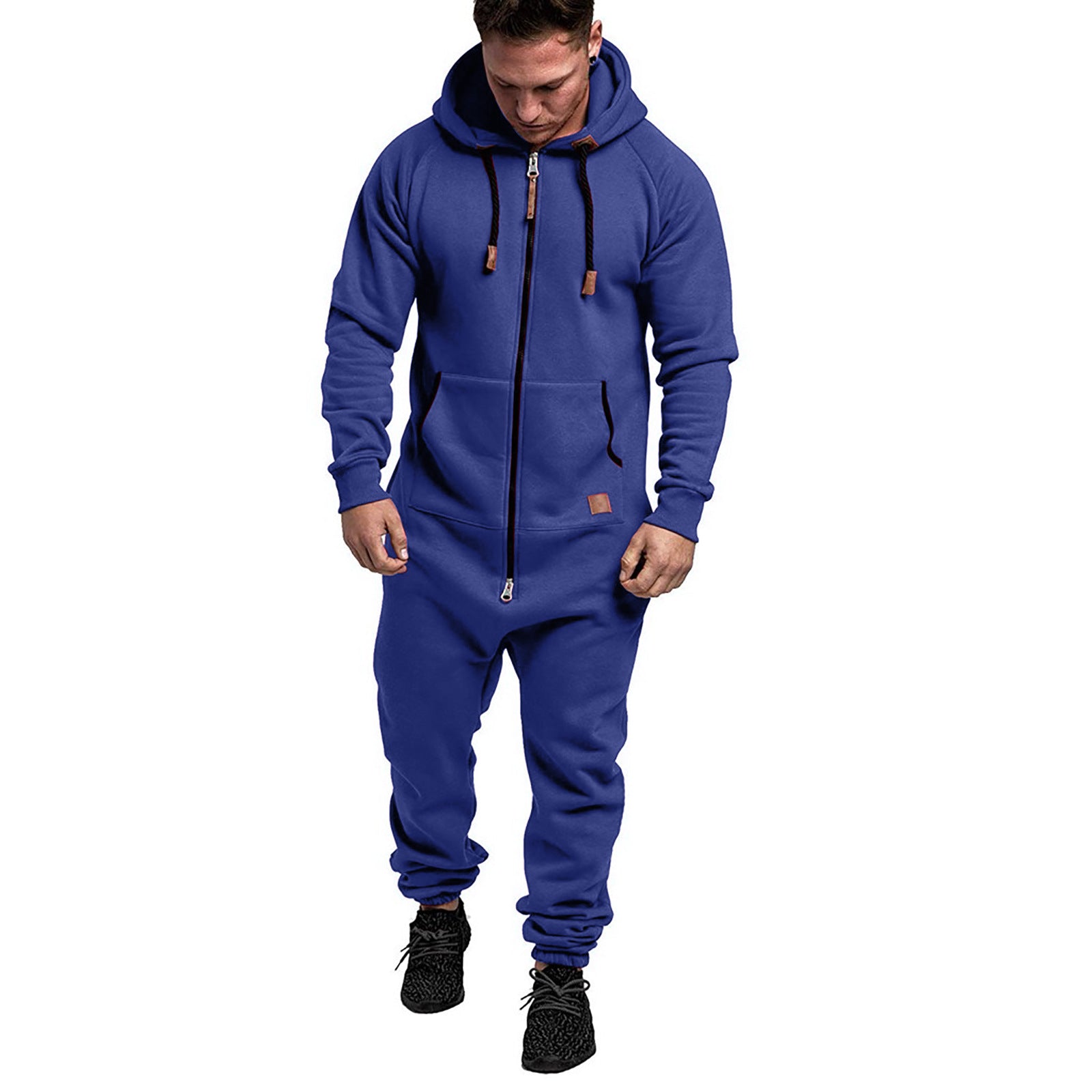 New Foreign Trade Men's Hooded Fleece Jumpsuit Solid Color Casual Men's Suit Jumpsuit