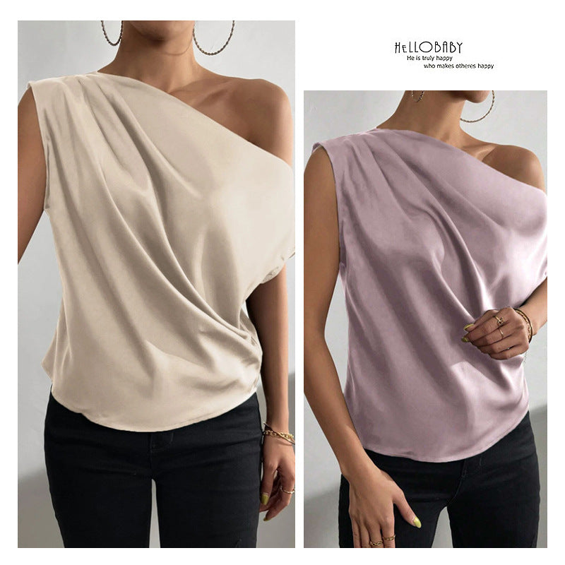 Spring Solid Color Satin Imitation Silk Irregular Off-Shoulder One-Neck Pullover Sleeveless Shirt