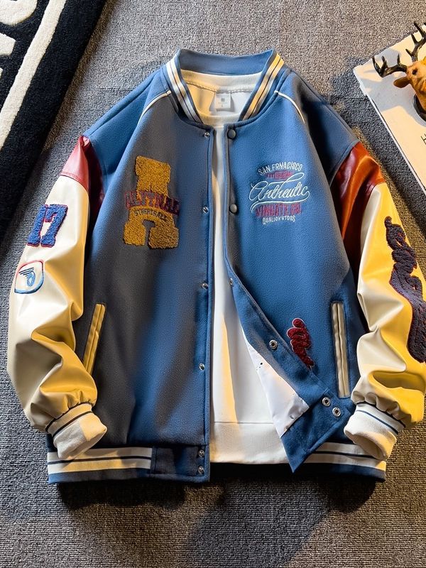 American Embroidered Leather Sleeve Jacket Men's Korean Style Trendyy Baseball Uniform Autum Casual Student Jacket