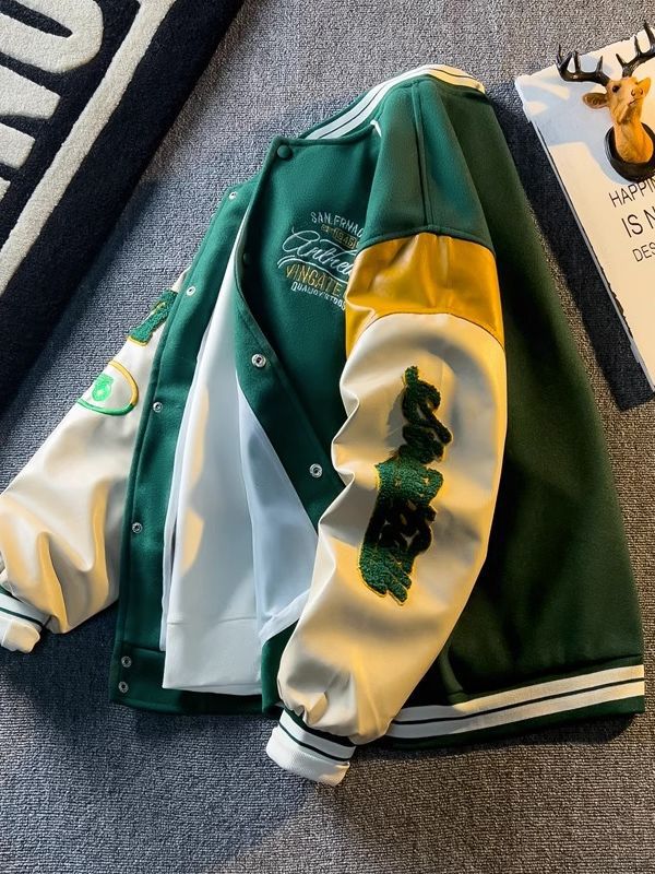 American Embroidered Leather Sleeve Jacket Men's Korean Style Trendyy Baseball Uniform Autum Casual Student Jacket