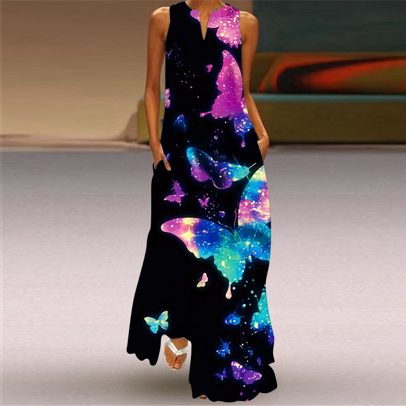 New European and American Spring and Summer Fashion Printed Sexy Pocketed Long Dress