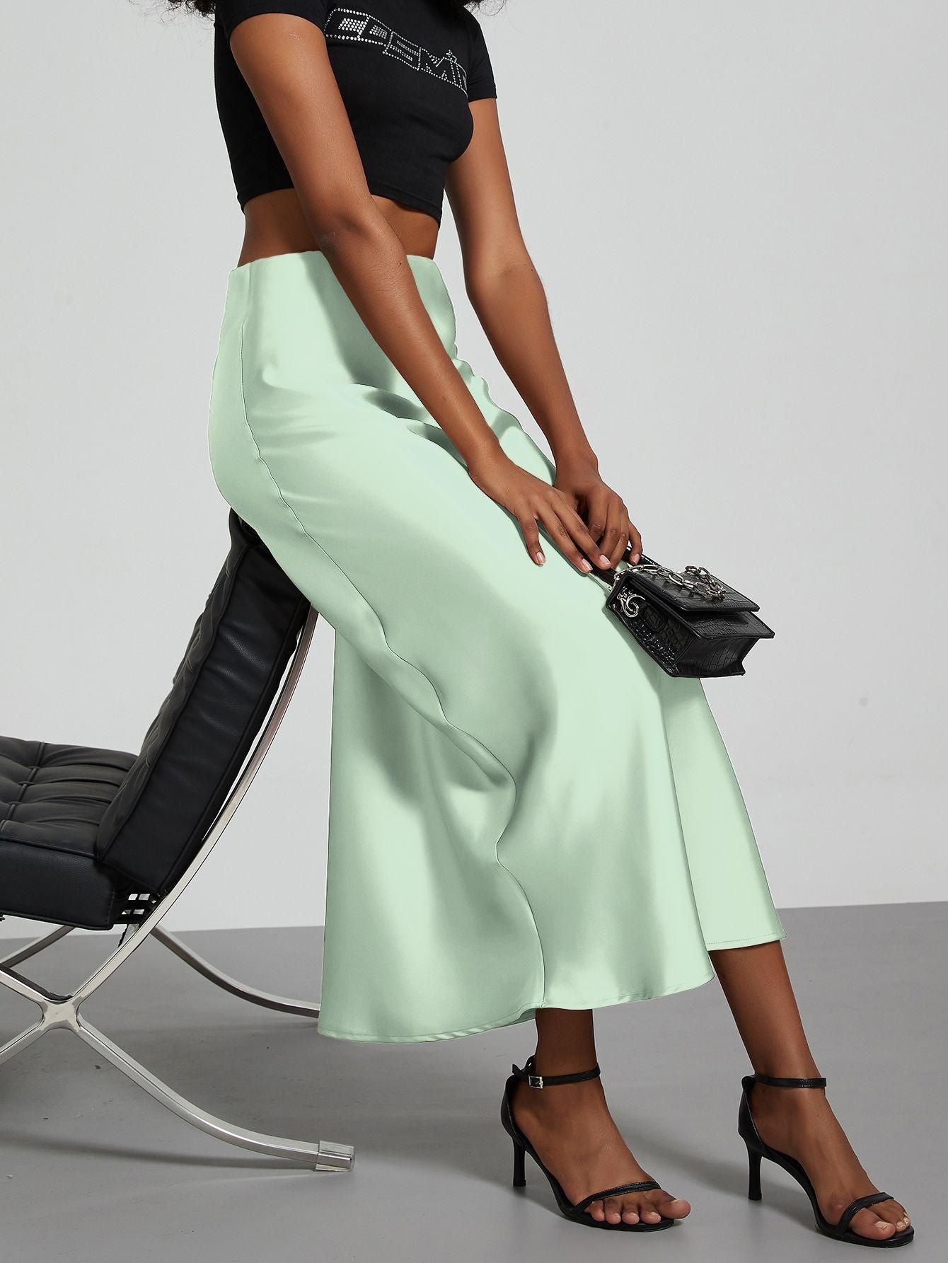 American Style Elegant Satin Midi Skirt Slimming and Flowy
