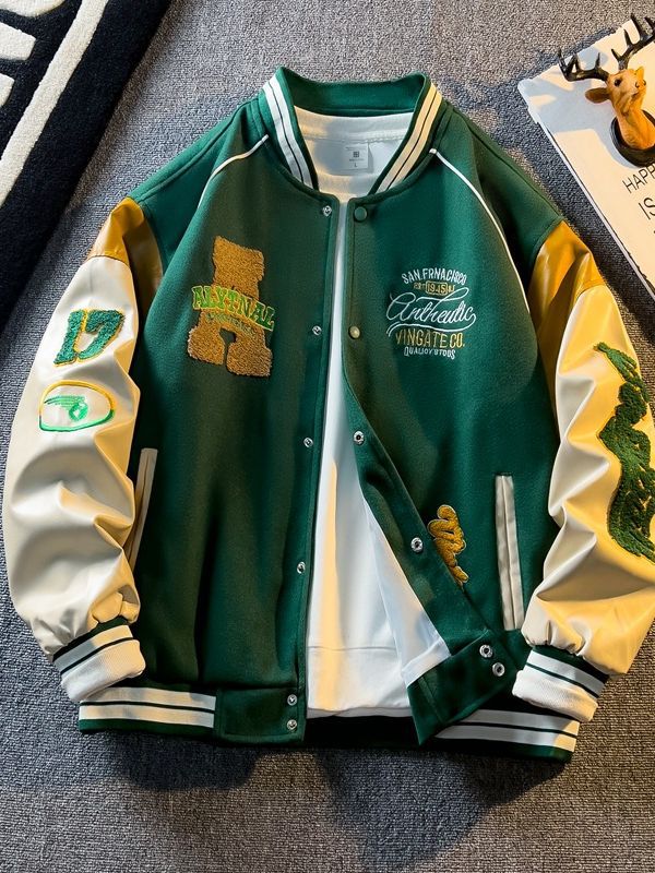 American Embroidered Leather Sleeve Jacket Men's Korean Style Trendyy Baseball Uniform Autum Casual Student Jacket